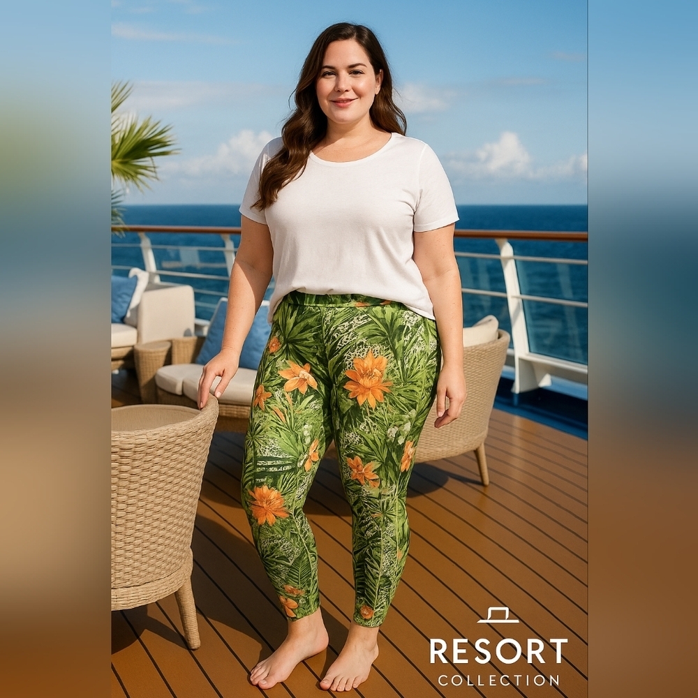Chico’s Size 3/16 Jungle Floral Leggings Green Orange Tropical Cruise Activewear